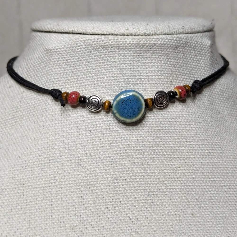 Blue Red Hippie Boho Ceramic Silver Swirl Spiral Bead Adjustable Choker …